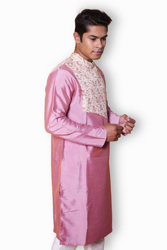 Fabriq by FFACE Men's Kurta, Mauve-Pink Floral Print and Solid Pattern, Full Sleeves, Silk