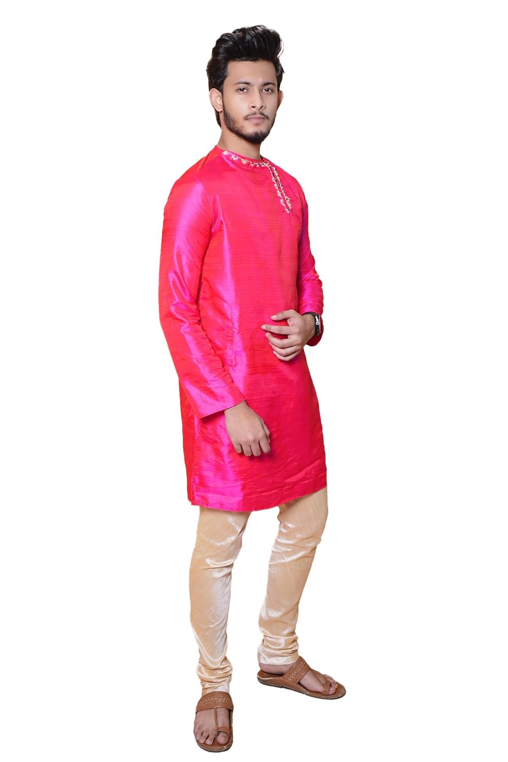 Fabriq by FFACE Men's Kurta, Magenta Pink, Knee-Length, Silk