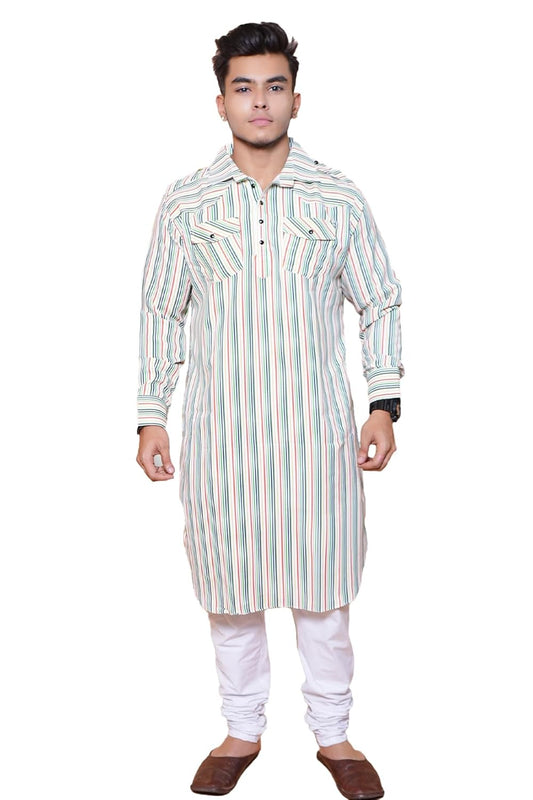 Fabriq by FFACE Striped Cotton Kurta, Multi-Color, Pathani