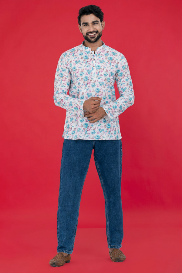 Men's White Blue Printed Short Kurta | Cotton Fabric | Semi Formal & Casual Wear
