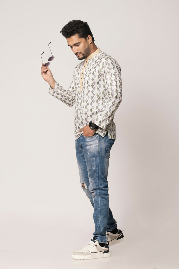 Men's White Printed Short Kurta | Cotton Fabric | Semi Formal & Casual Wear