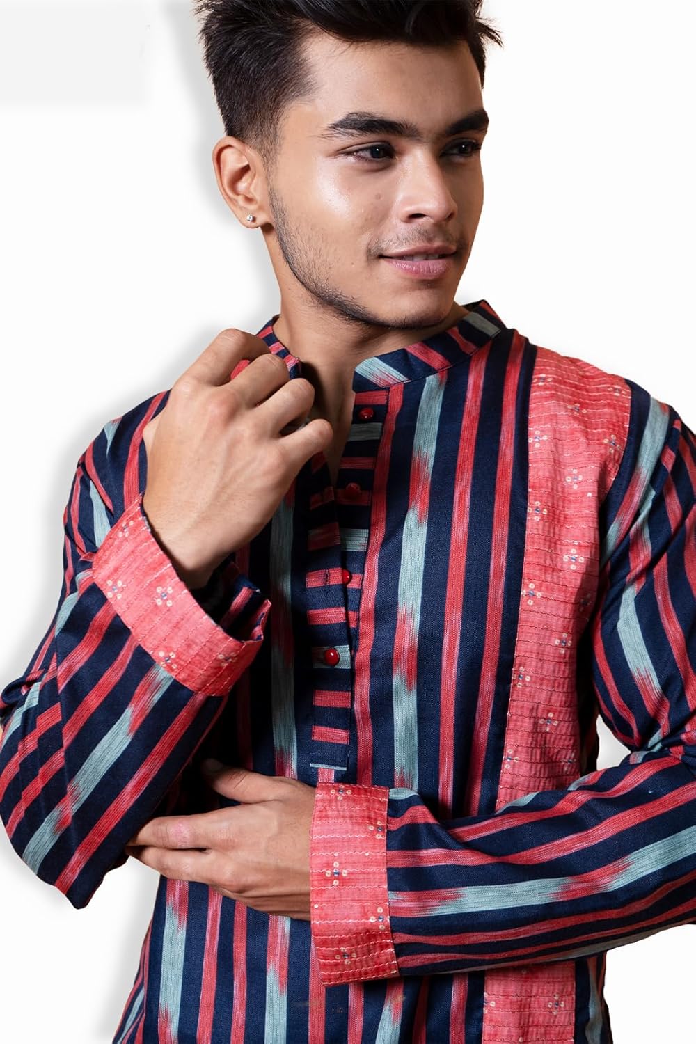Fabriq by FFACE Striped Cotton Kurta, Red, Blue, White, Long Sleeves, Embellished