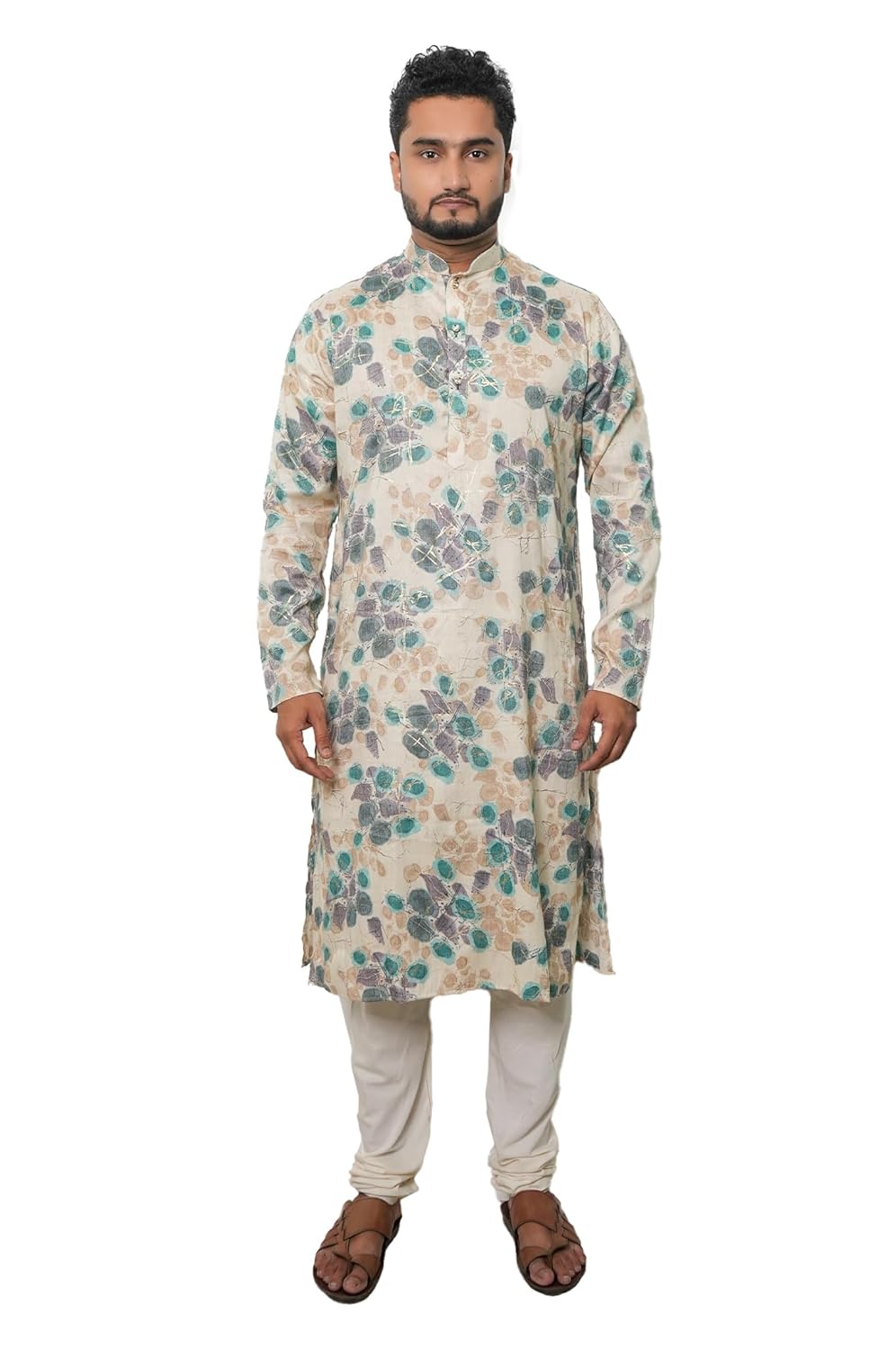 Fabriq by FFACE Floral Print Cotton Kurta, 50 cm Length, Teal and Beige