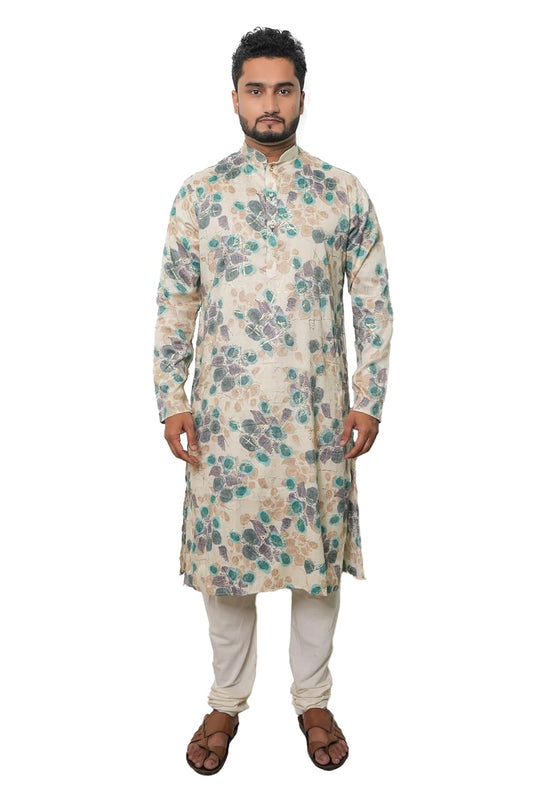 Fabriq by FFACE Floral Print Cotton Kurta, 50 cm Length, Teal and Beige