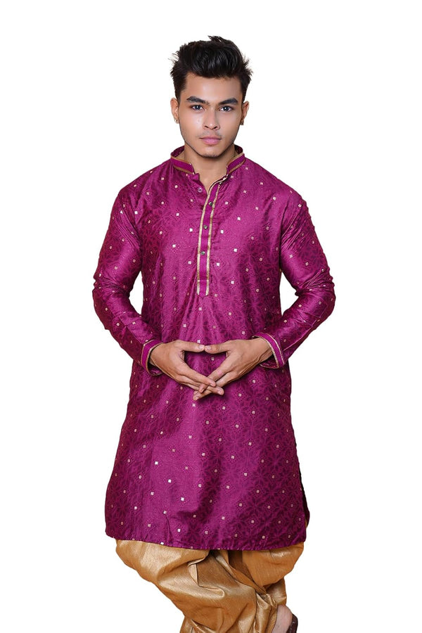 Men's Silk Purple Gold Kurta | Silk Fabric | Embroidered | Festive Wear