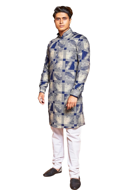 Fabriq by FFACE Men's Checkered Kurta, Blue and Grey, Cotton