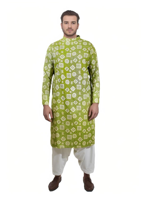 Men's Green Printed Kurta | Cotton Fabric | Casual & Occasional Wear