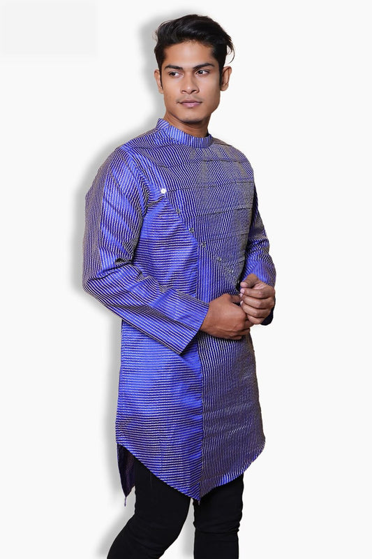 Fabriq by FFACE Men's Blue Kurta, Mandarin Collar, Aysmmetrical