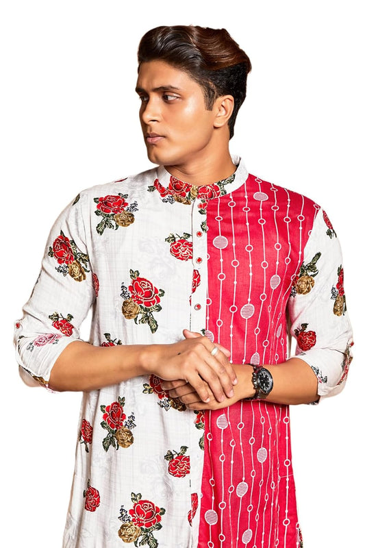 Fabriq by FFACE Floral Print Kurta, Red and White, 100% Cotton,