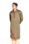 Fabriq by FFACE Men's Cotton Kurta with Triangle Print, Olive Green, Red