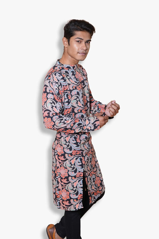 Fabriq by FFACE Men's Floral Printed Kurta, Black and Orange, Cotton