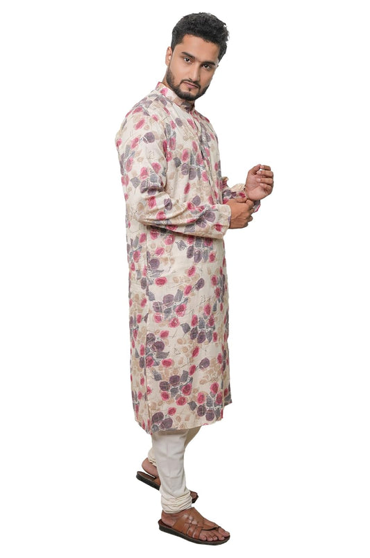 Fabriq by FFACE Men's Floral Print Kurta, Length, Pink and Grey