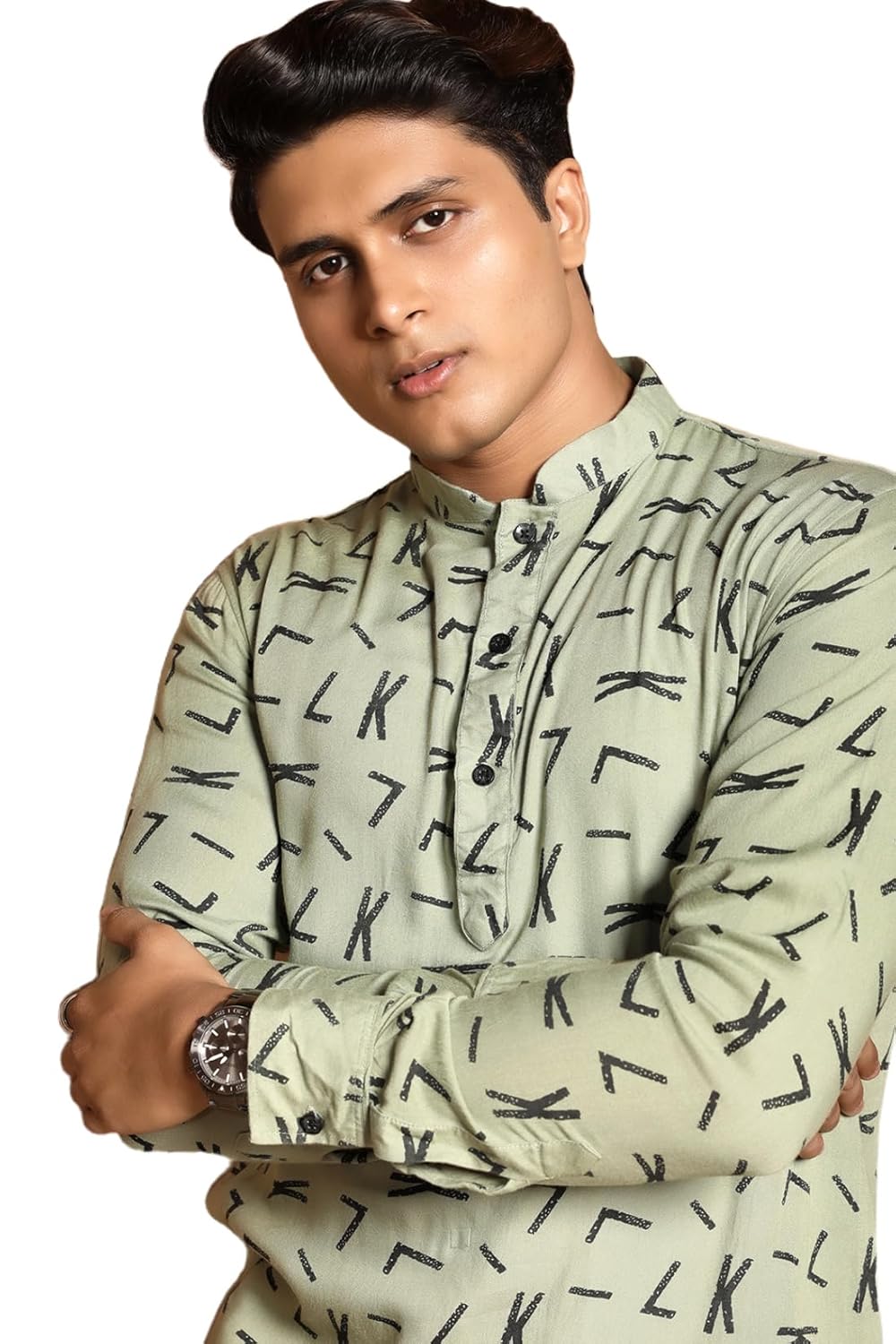 Fabriq by FFACE Men's Printed Cotton Kurta, Green with Black Motifs, Long Sleeves, Knee-Length