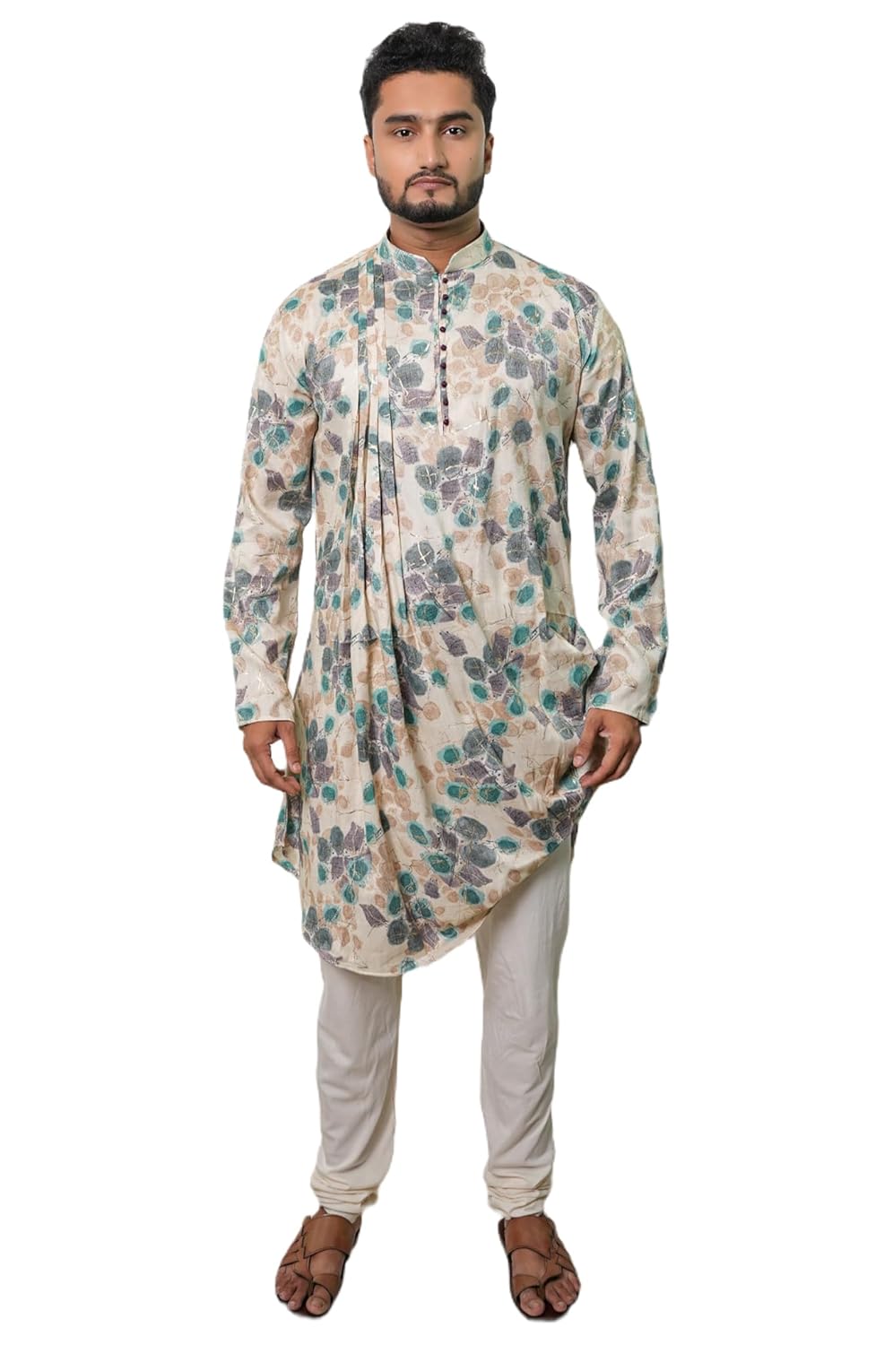 Fabriq by FFACE Men's Floral Printed Kurta with Mandarin Collar, 100 cm Length
