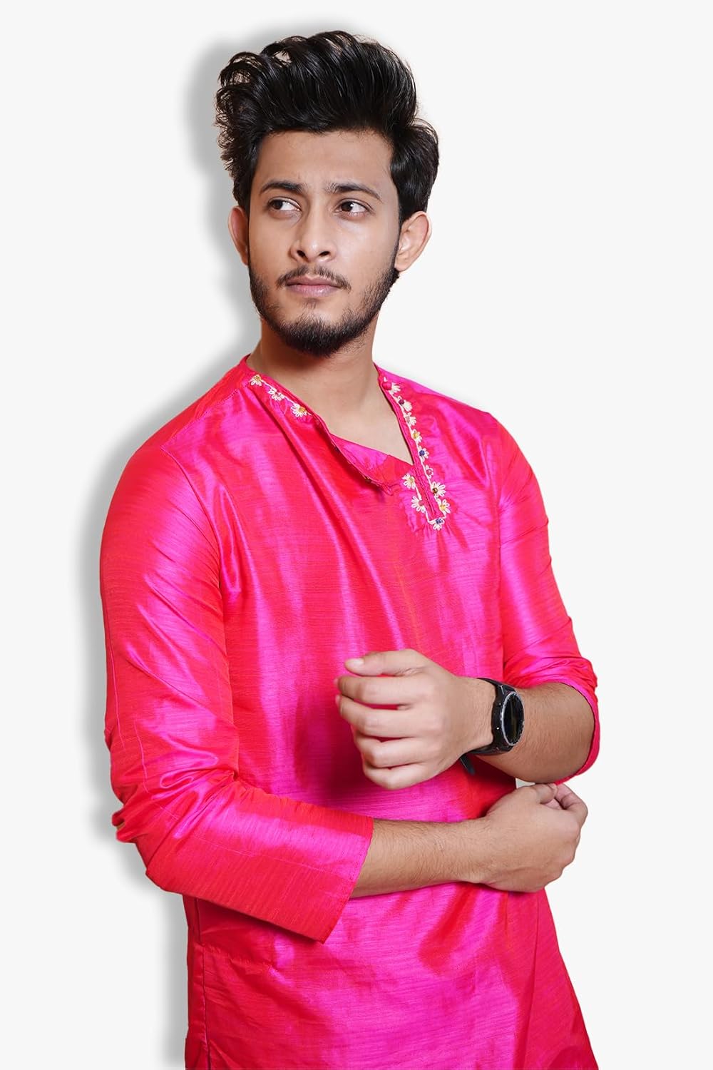 Fabriq by FFACE Men's Kurta, Magenta Pink, Knee-Length, Silk
