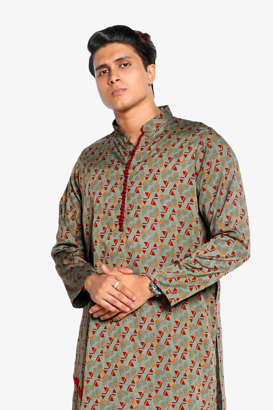 Fabriq by FFACE Men's Cotton Kurta with Triangle Print, Olive Green, Red