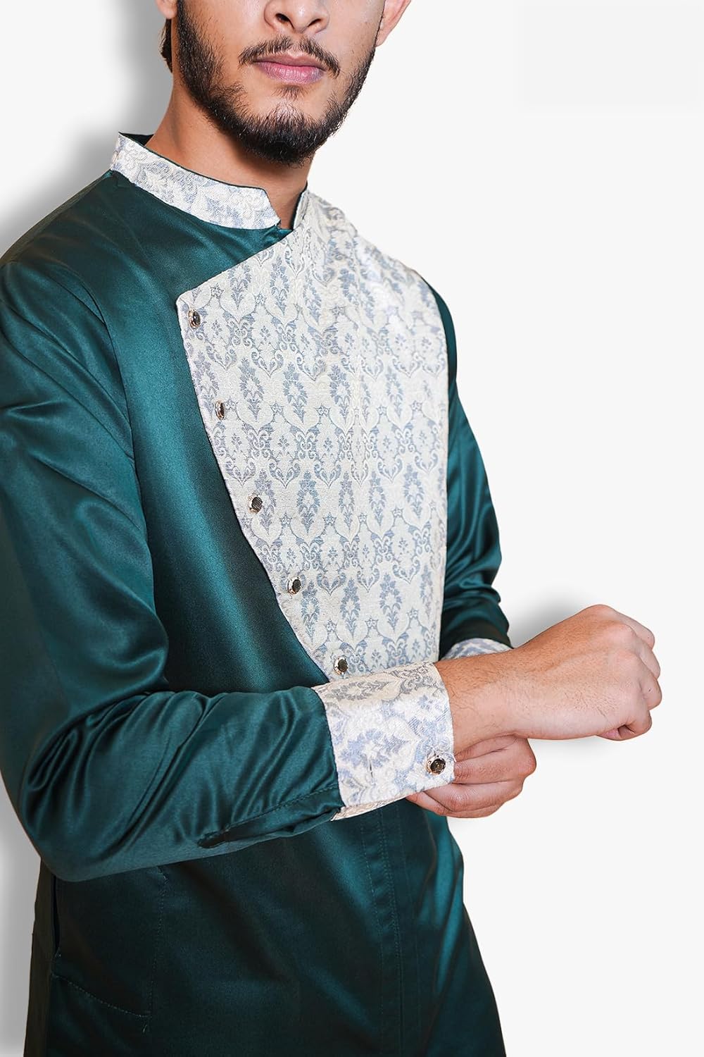 Fabriq by FFACE Men's Ethnic Kurta, Green and White, Silk
