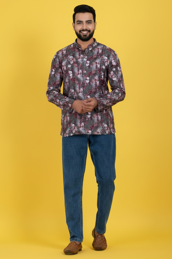 Men's Grey Pink Printed Short Kurta | Cotton Fabric | Semi Formal & Casual Wear