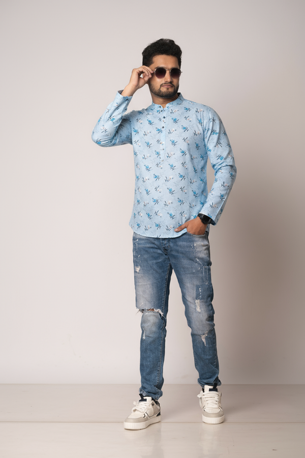 Men's Light Blue Printed Short Kurta | Cotton Fabric | Semi Formal & Casual Wear