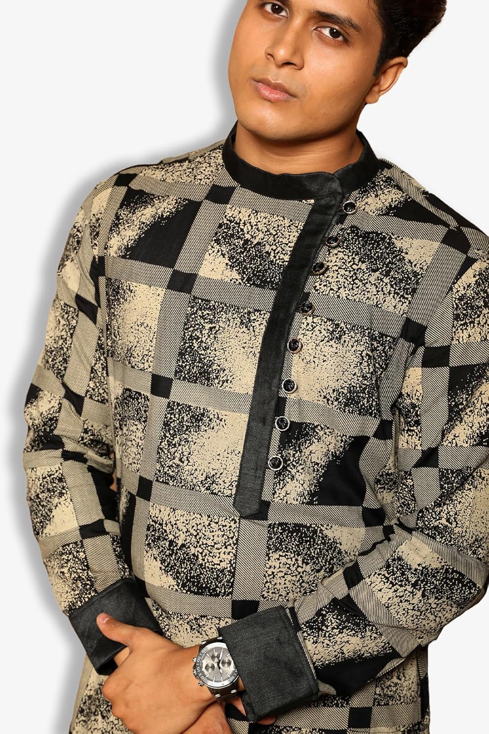 Fabriq by FFACE Checkered Patterned Long Kurta, Black and White, Asymmetrical