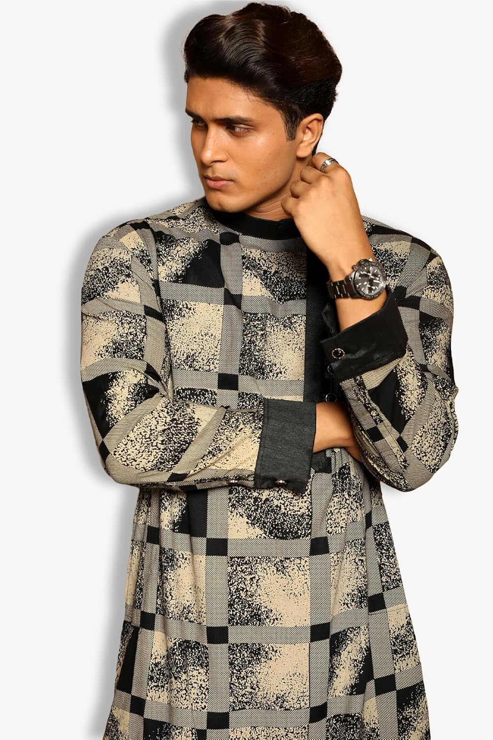 Fabriq by FFACE Checkered Patterned Long Kurta, Black and White, Asymmetrical