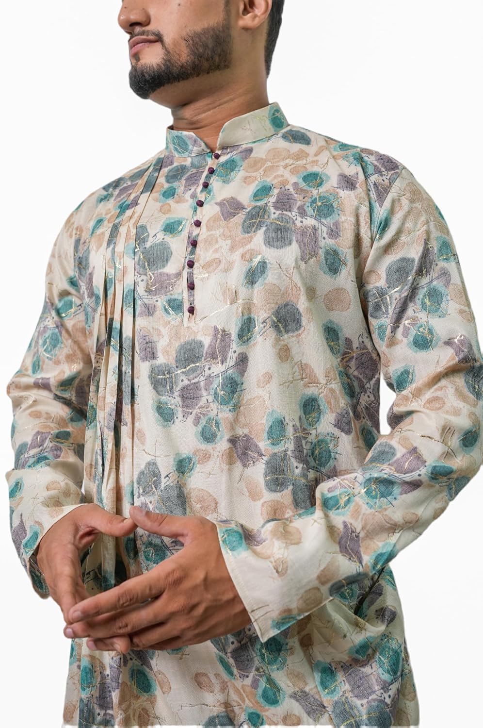 Fabriq by FFACE Men's Floral Printed Kurta with Mandarin Collar, 100 cm Length