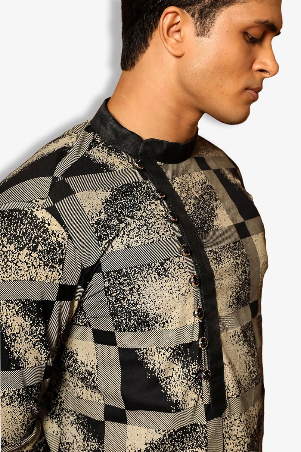 Fabriq by FFACE Checkered Patterned Long Kurta, Black and White, Asymmetrical