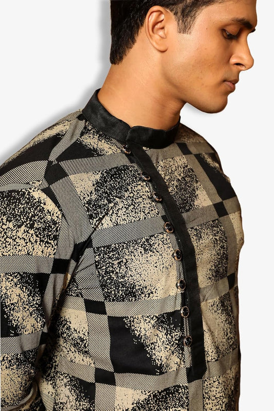 Fabriq by FFACE Checkered Patterned Long Kurta, Black and White, Asymmetrical