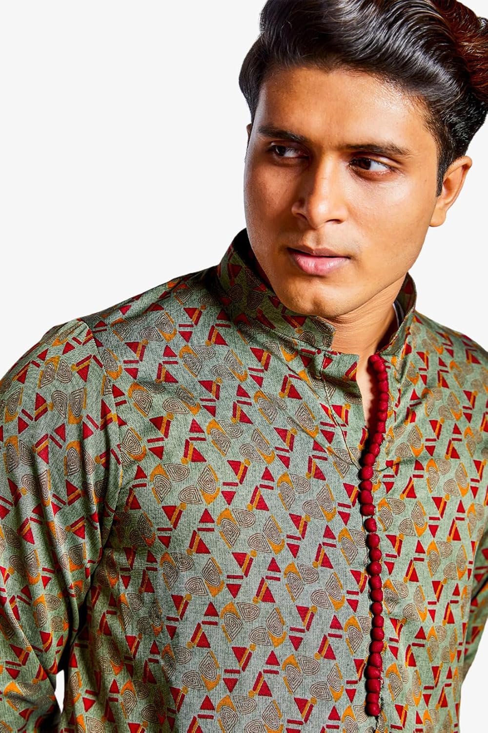 Fabriq by FFACE Men's Cotton Kurta with Triangle Print, Olive Green, Red