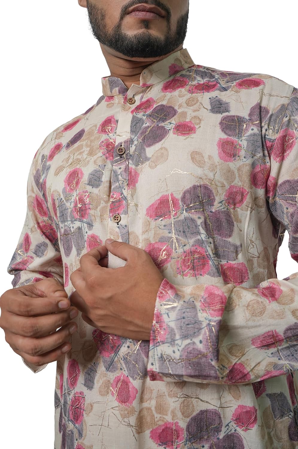 Fabriq by FFACE Men's Floral Print Kurta, Length, Pink and Grey