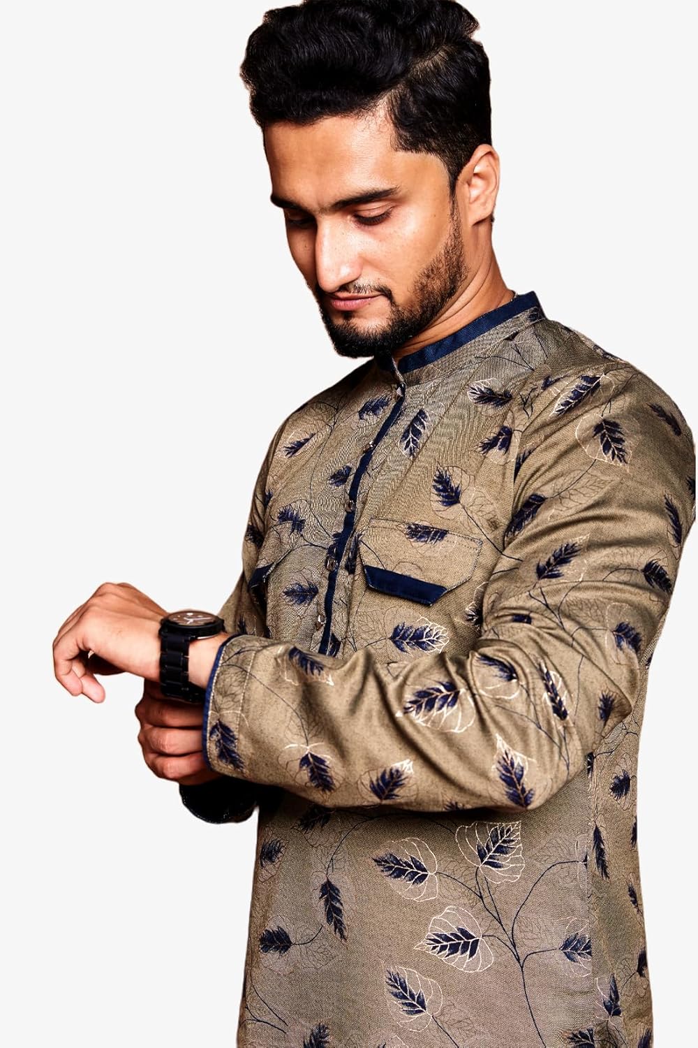 Fabriq by FFACE Men's Kurta with Feather Motif, Beige, 100% Cotton