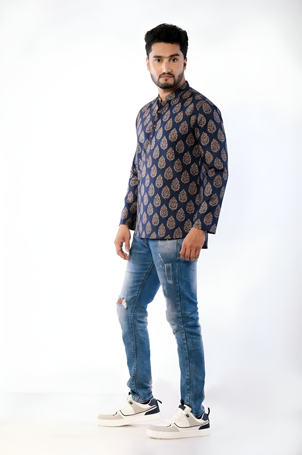 Men's Dark / Navy Blue Block Print Short Kurta | Cotton fabric | Semi Formal & Casual Wear