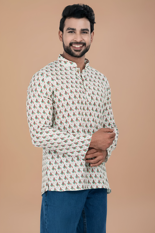 Men's Light Beige Printed Short Kurta | Cotton Fabric | Semi Formal & Casual Wear