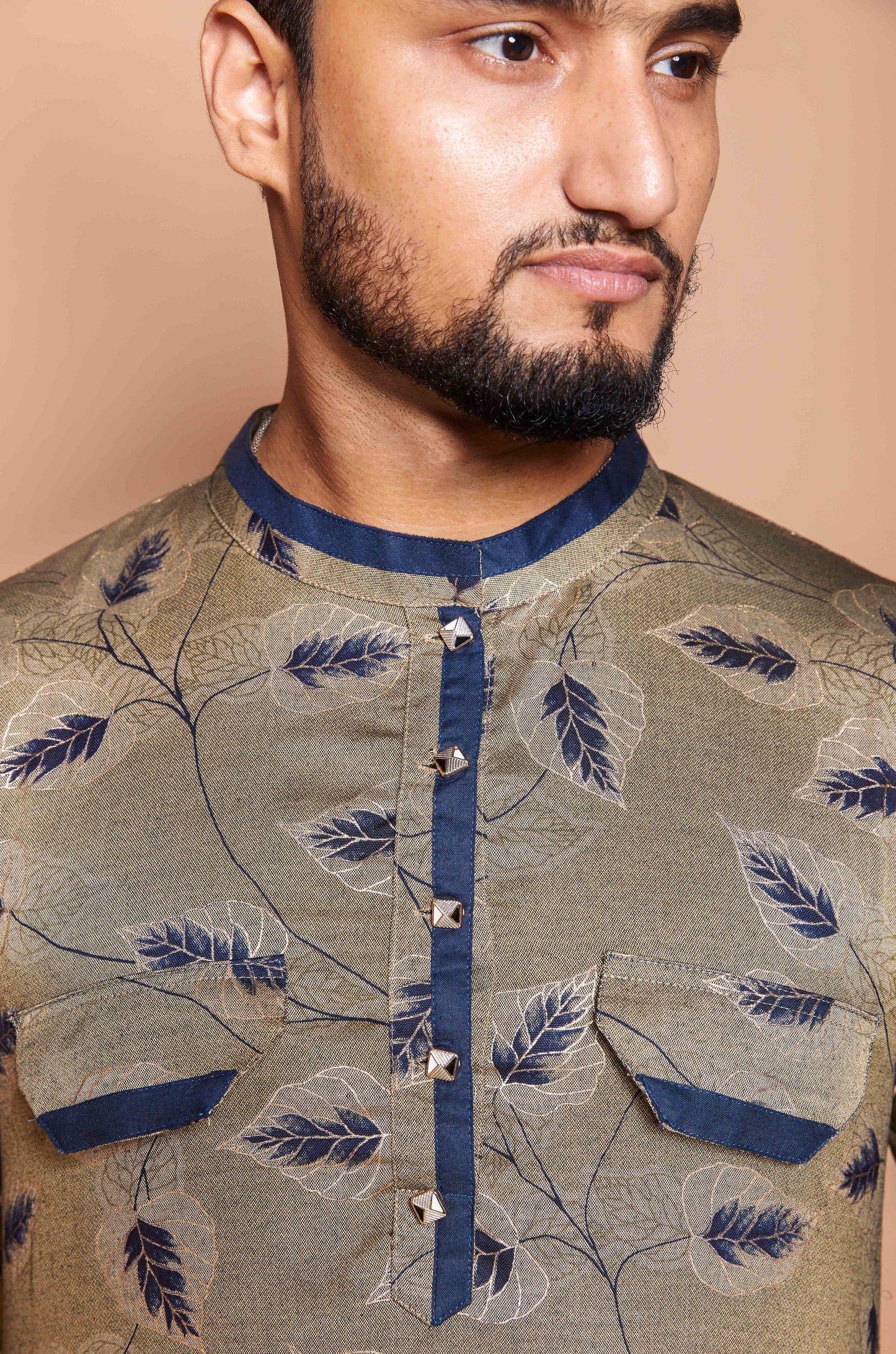 Fabriq by FFACE Men's Kurta with Feather Motif, Beige, 100% Cotton