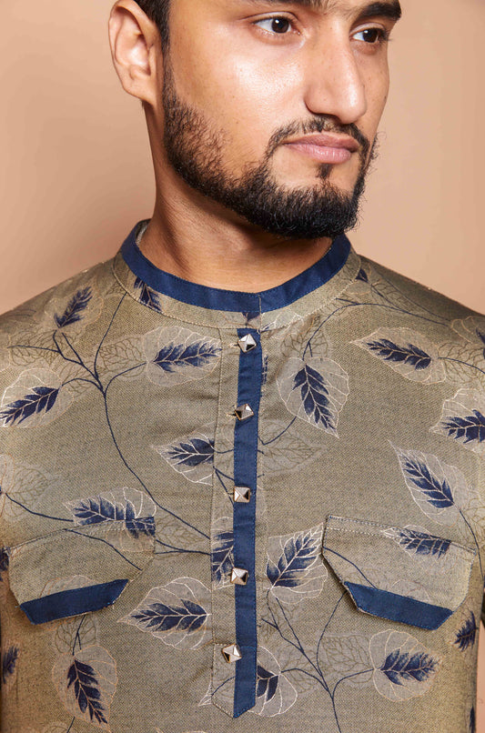 Fabriq by FFACE Men's Kurta with Feather Motif, Beige, 100% Cotton