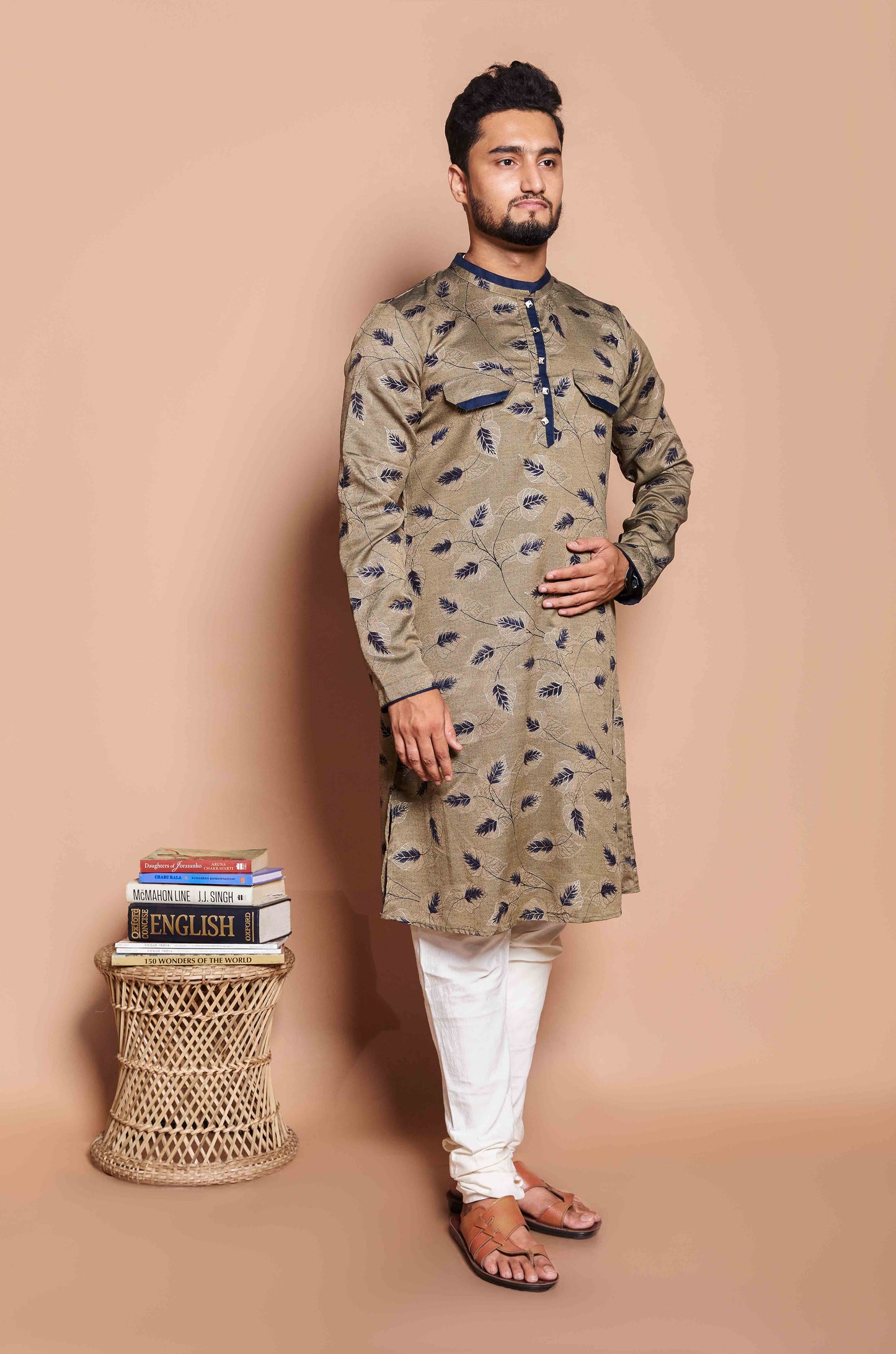 Fabriq by FFACE Men's Kurta with Feather Motif, Beige, 100% Cotton