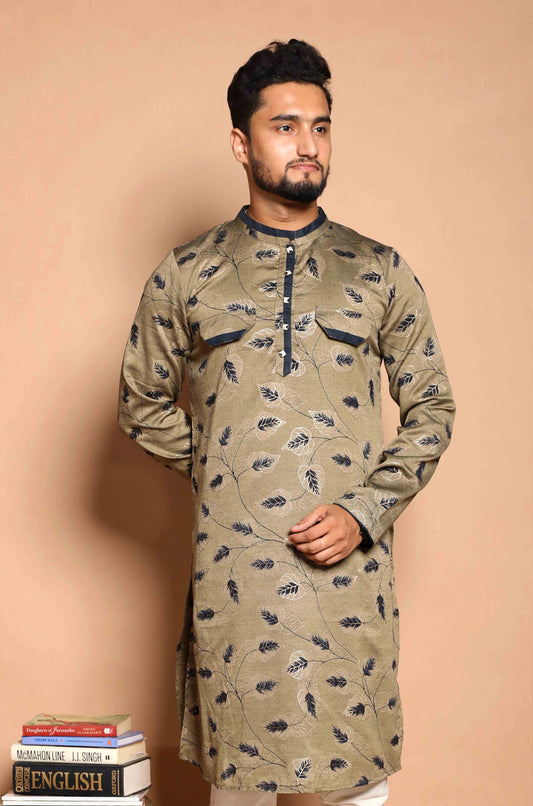 Fabriq by FFACE Men's Kurta with Feather Motif, Beige, 100% Cotton