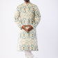 Men’s Designer Cotton Kurta – White Kurta with Blue & Black Printed Design, Wooden Buttons, Soft Breathable Fabric, Double Stitched Ethnic Wear for Festive, Wedding, Casual