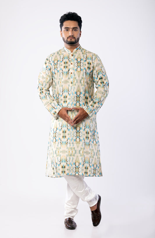 Men’s Designer Cotton Kurta – White Kurta with Blue & Black Printed Design, Wooden Buttons, Soft Breathable Fabric, Double Stitched Ethnic Wear for Festive, Wedding, Casual