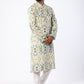 Men’s Designer Cotton Kurta – White Kurta with Blue & Black Printed Design, Wooden Buttons, Soft Breathable Fabric, Double Stitched Ethnic Wear for Festive, Wedding, Casual