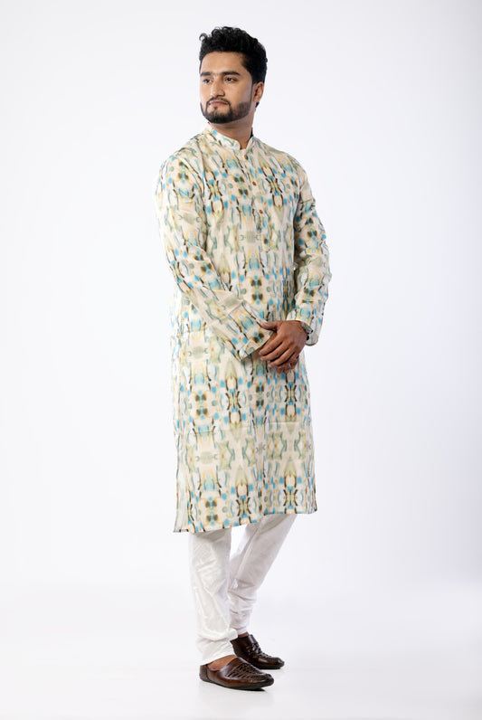 Men’s Designer Cotton Kurta – White Kurta with Blue & Black Printed Design, Wooden Buttons, Soft Breathable Fabric, Double Stitched Ethnic Wear for Festive, Wedding, Casual