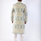 Men’s Designer Cotton Kurta – White Kurta with Blue & Black Printed Design, Wooden Buttons, Soft Breathable Fabric, Double Stitched Ethnic Wear for Festive, Wedding, Casual