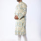 Men’s Designer Cotton Kurta – White Kurta with Blue & Black Printed Design, Wooden Buttons, Soft Breathable Fabric, Double Stitched Ethnic Wear for Festive, Wedding, Casual