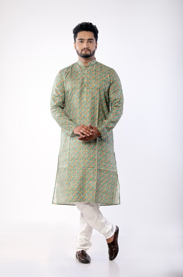 Men's Green Multicolor Printed Kurta | Cotton Fabric | Festive & Party Wear