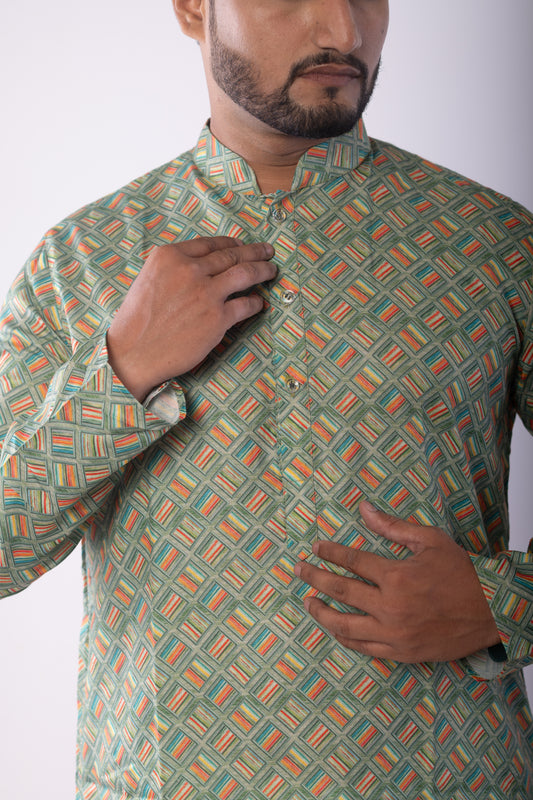 Men's Green Multicolor Printed Kurta | Soft Fabric, Double Stitched, Stylish Ethnic Wear for Festivals & Parties