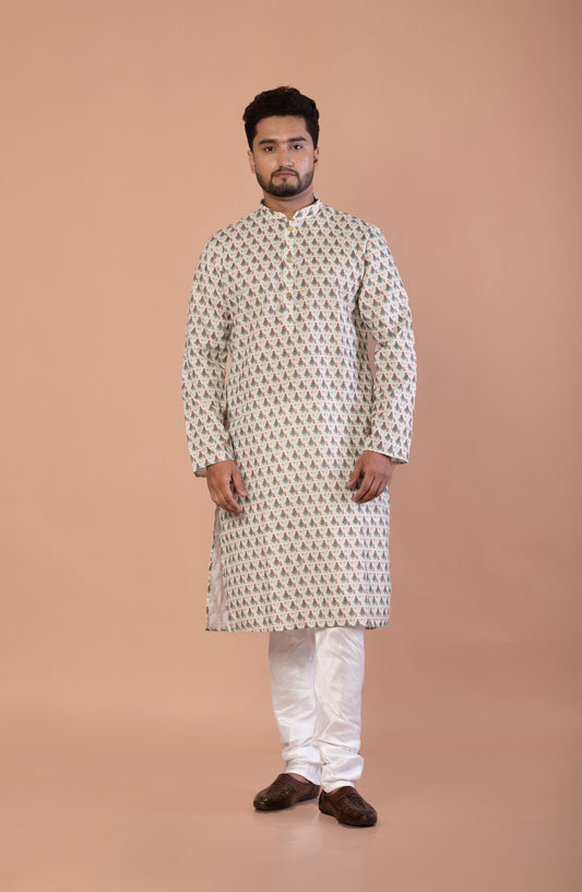 Men's Light Green Floral Printed Kurta with Wooden Buttons | Soft Fabric, Double Stitched Designer Ethnic Wear for Festive & Casual Occasions