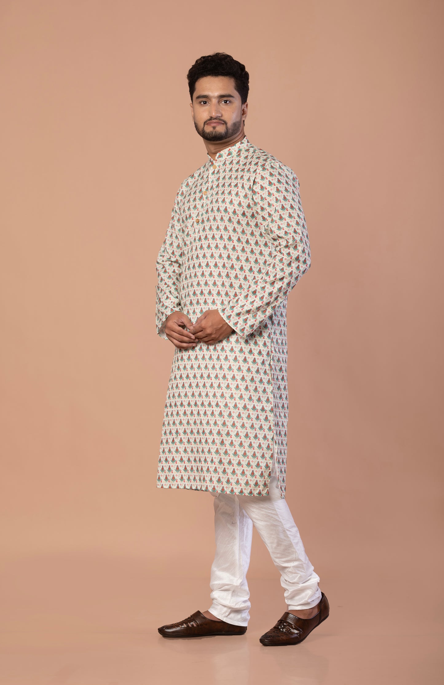 Men's Light Green Floral Printed Kurta with Wooden Buttons | Soft Fabric, Double Stitched Designer Ethnic Wear for Festive & Casual Occasions