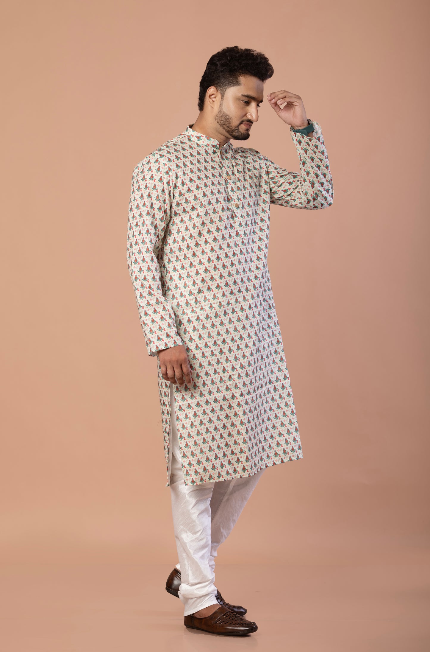 Men's Light Green Floral Printed Kurta with Wooden Buttons | Soft Fabric, Double Stitched Designer Ethnic Wear for Festive & Casual Occasions