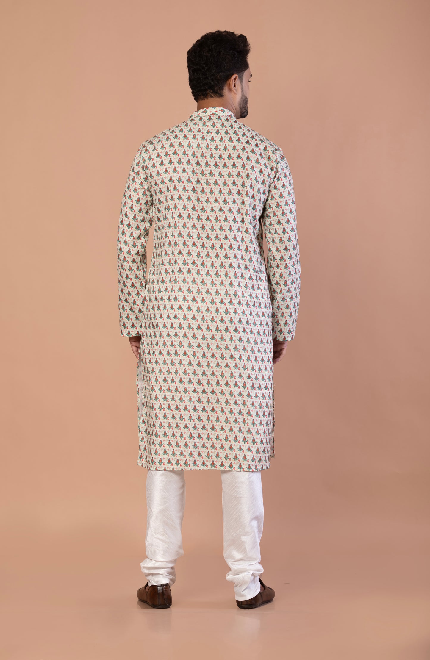 Men's Light Green Floral Printed Kurta with Wooden Buttons | Soft Fabric, Double Stitched Designer Ethnic Wear for Festive & Casual Occasions