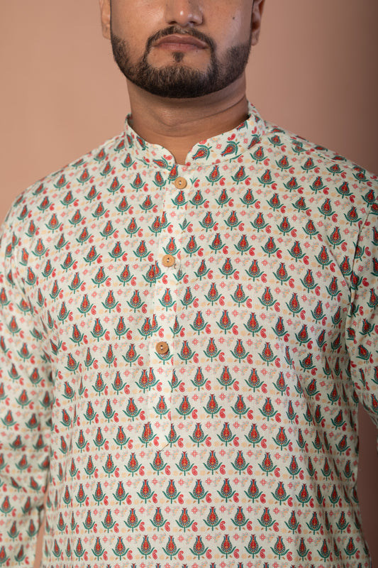 Men's Light Green Floral Printed Kurta with Wooden Buttons | Soft Fabric, Double Stitched Designer Ethnic Wear for Festive & Casual Occasions